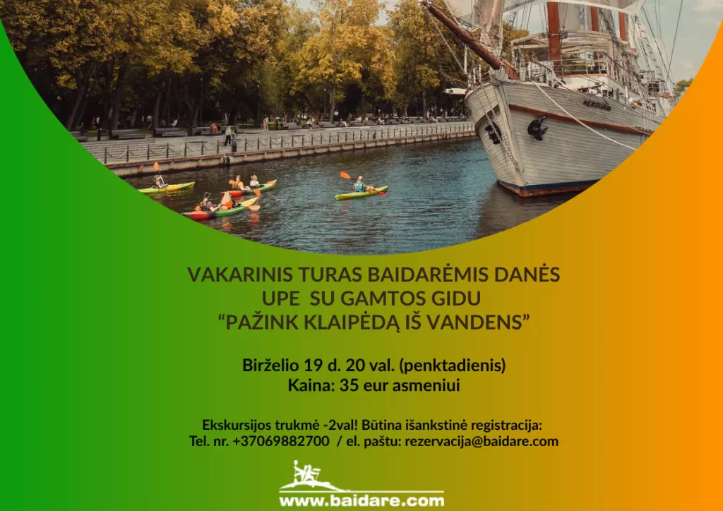 Vakarinis turas baidarėmis Danės upe su gamtos gidu „Pažink Klaipėdą iš vandens”