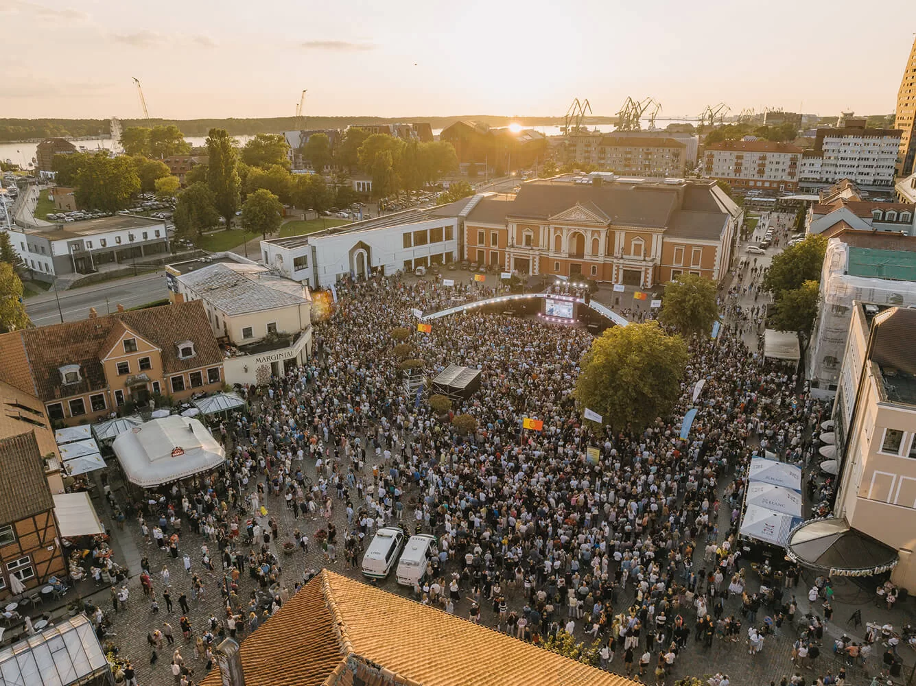 Crowd at an event in Klaipėda Old Town, aerial view