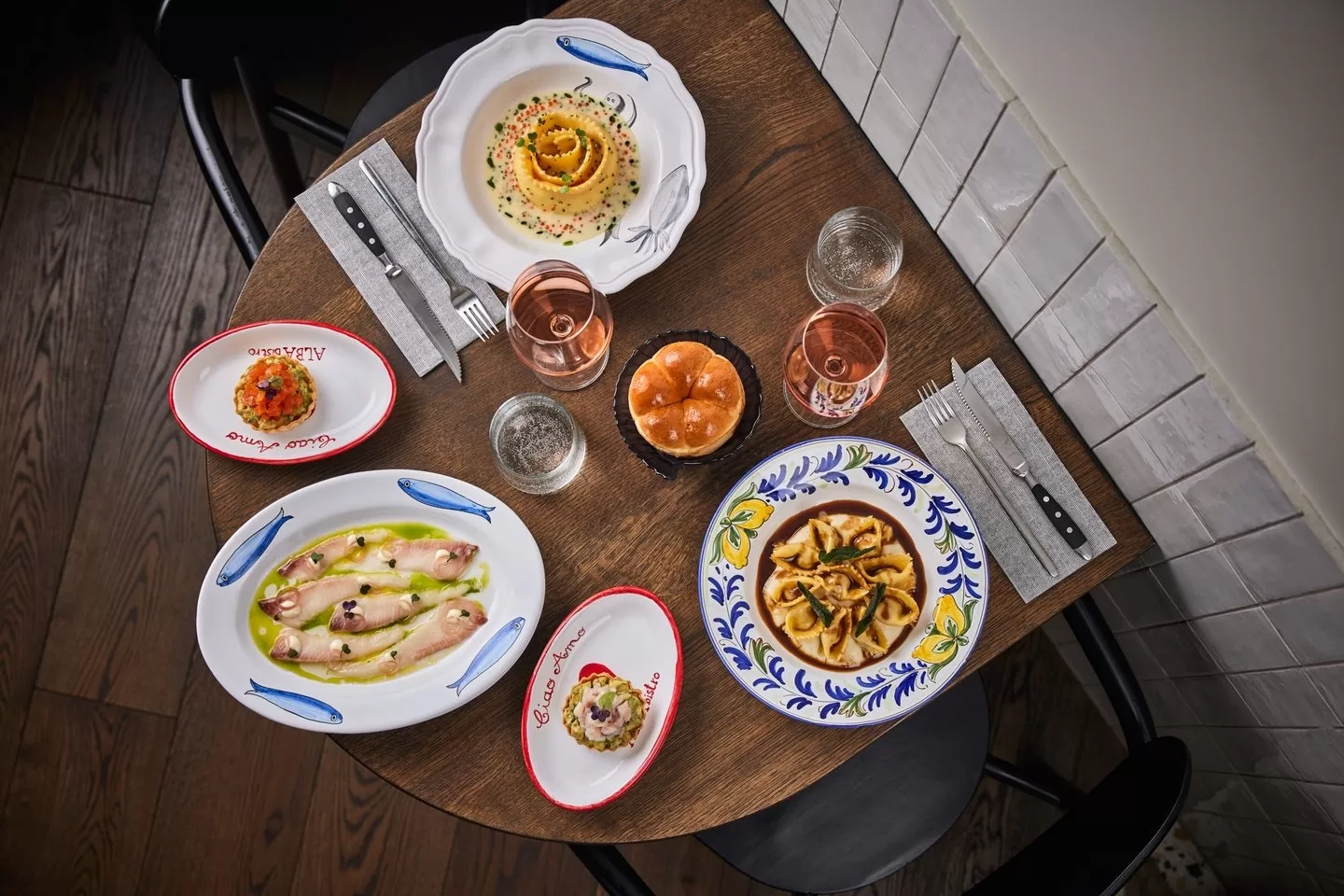 Dishes on a table at “ALBA” bistro, top view