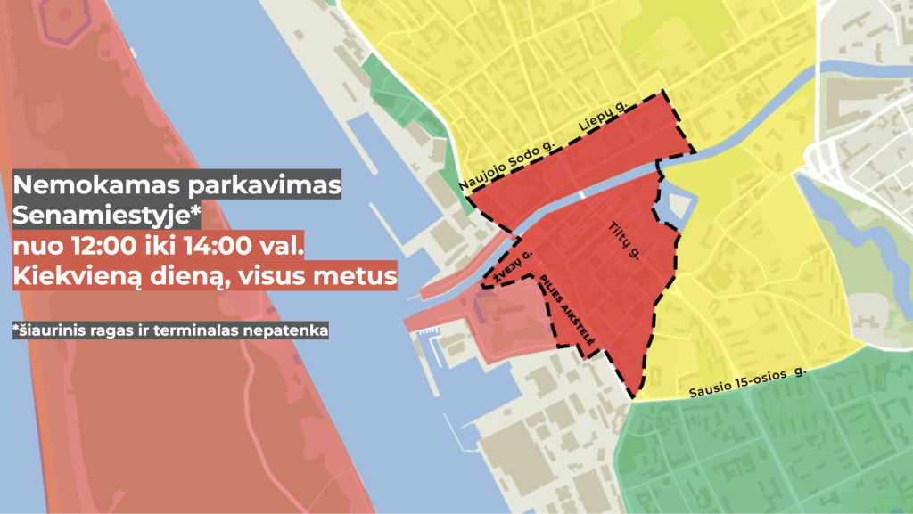 Klaipėdos senamiestyje įsigalioja nemokamas parkavimas pietų metu